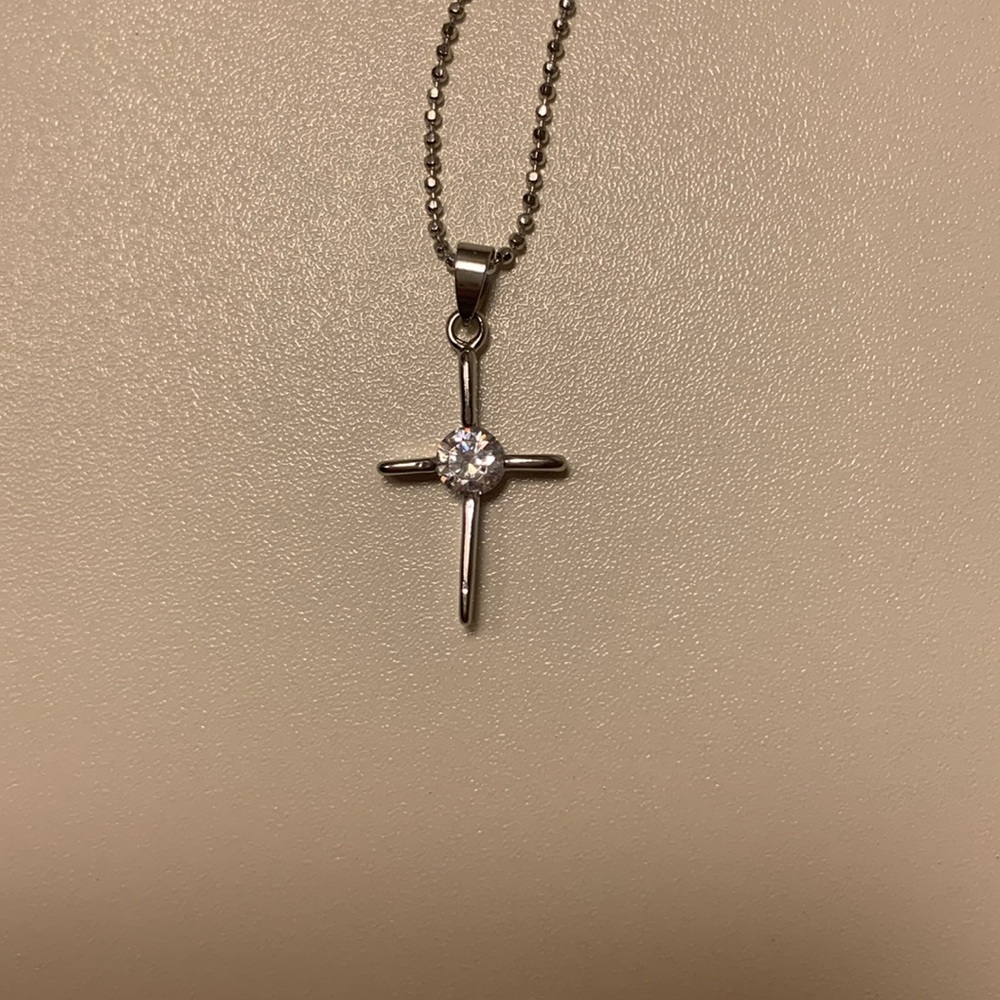 Silver Cross Necklace with Crystal